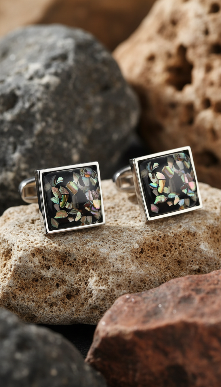 Obsidian Aurora Abalone Square Cufflinks – Silver-Tone Stainless Steel