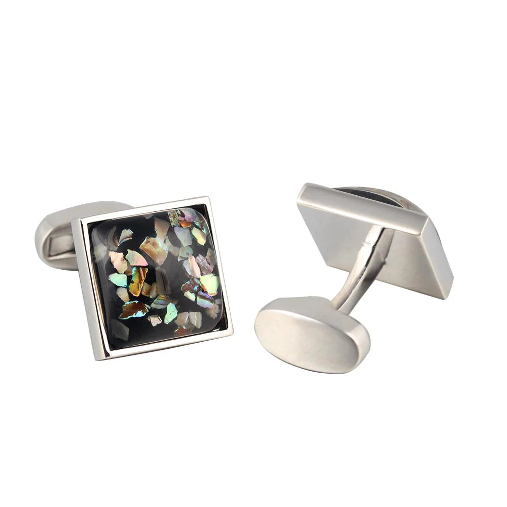 Obsidian Aurora Abalone Square Cufflinks – Silver-Tone Stainless Steel